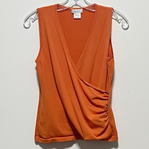 Kate Hill Tops - Kate Hill Vibrant versatile Orange Sleeveless ruched faux-wrap V-neck blouse